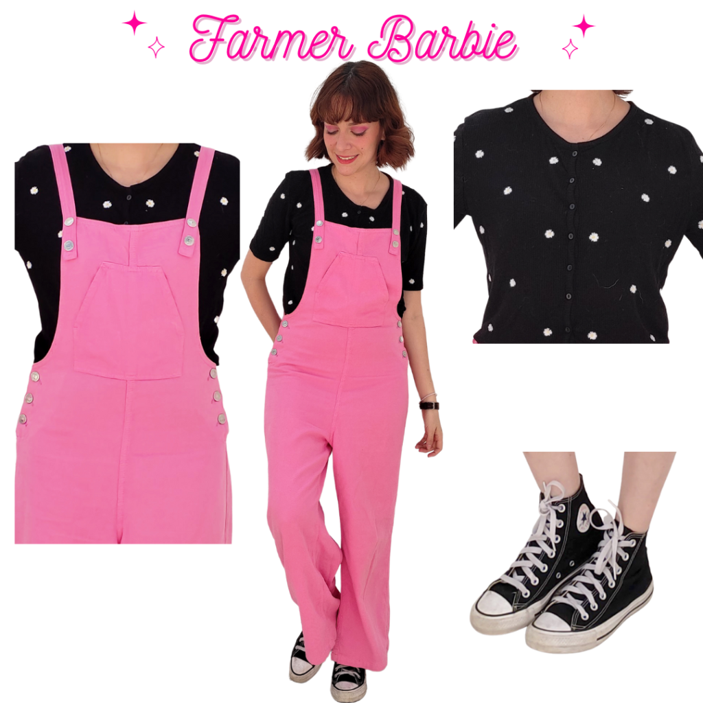 Farmer Barbie Outfit: Pink Overalls, Black Daisy Top, Black Converse