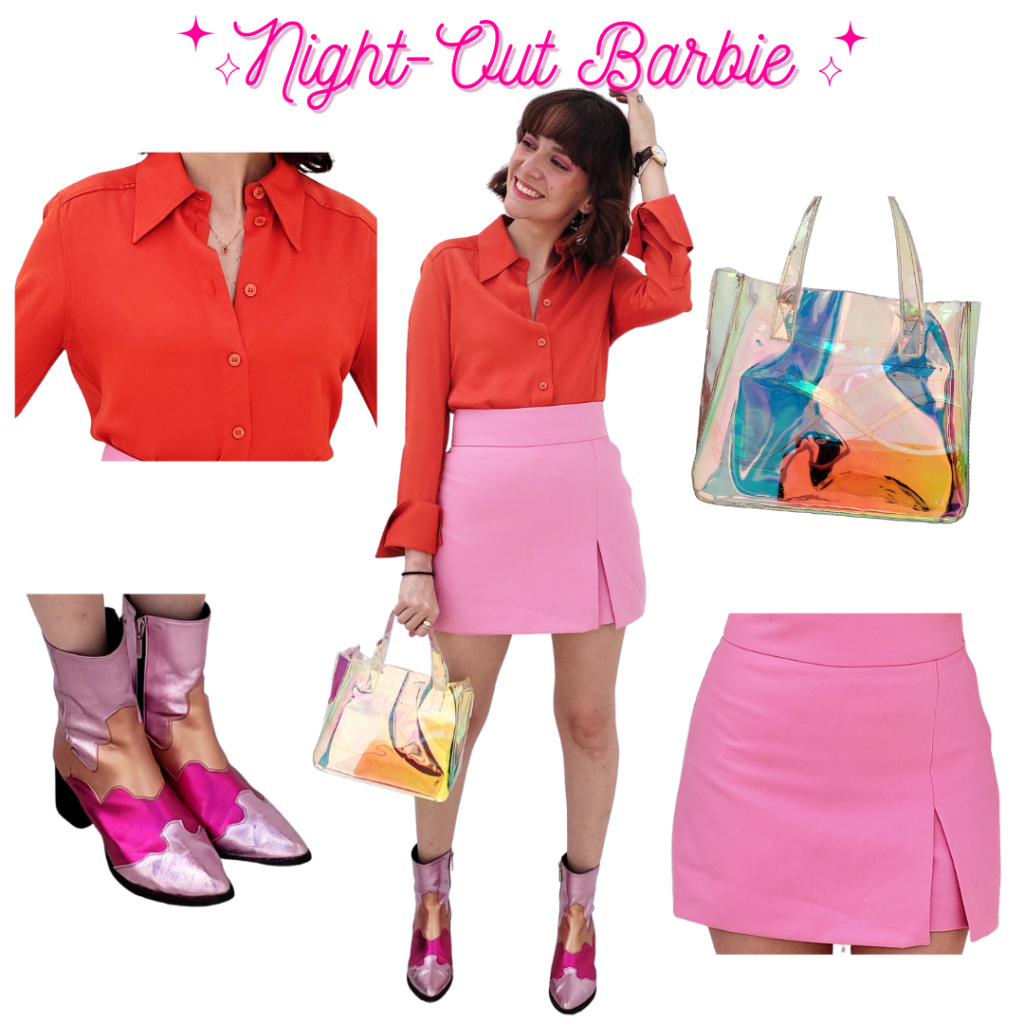 Night-Out Barbie Outfit: Orange Satin Shirt, Bubblegum Pink Skort, Metallic Cowboy Boots, Iridescent Bag