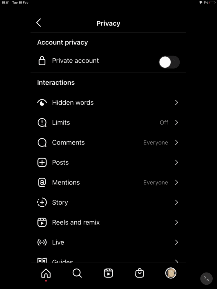 Instagram "Privacy settings" screen