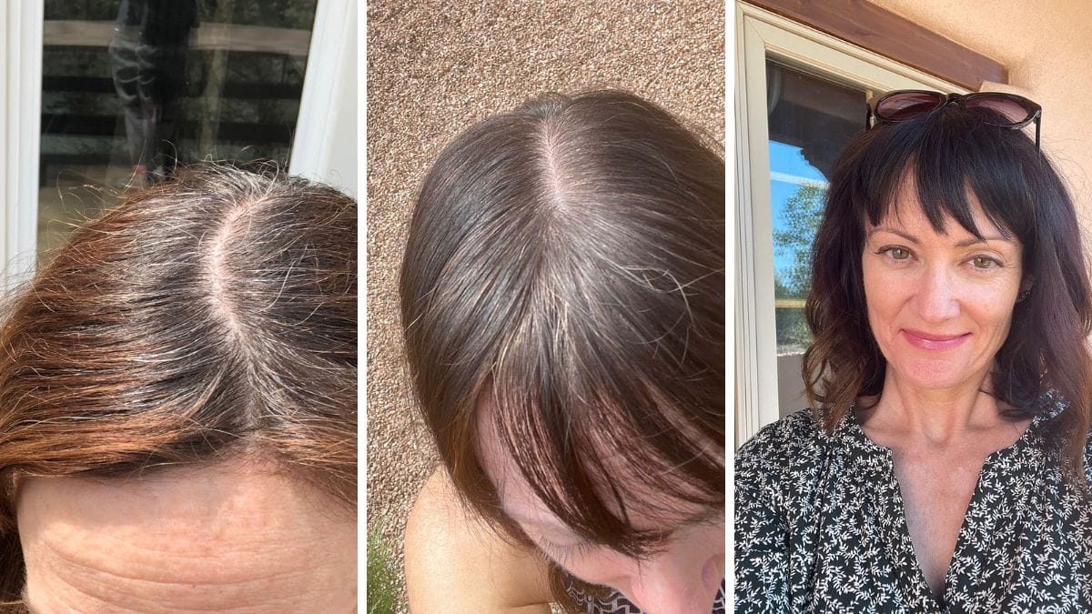 A collage of three hair photos showing different levels of gray hair.