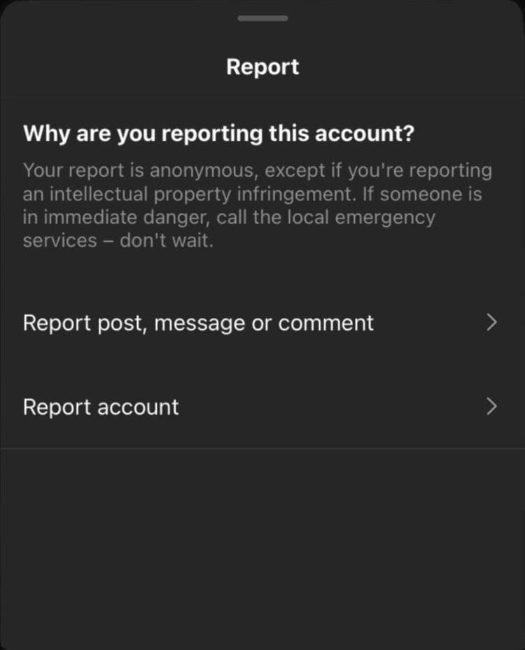 Screenshot Report an account in the Instagram Reports menu