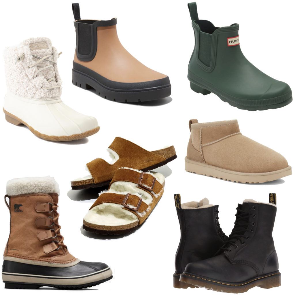 College Inclement Weather shoes: rain boots, winter boots, Ugg boots, duck boots, shearling combat boots, shearling sandals