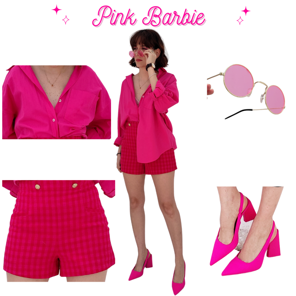 Pink Barbie Outfit: Pink Oxford Shirt, Red and Pink Tweed Shorts, Pink Kitten Heels, Pink Sunglasses