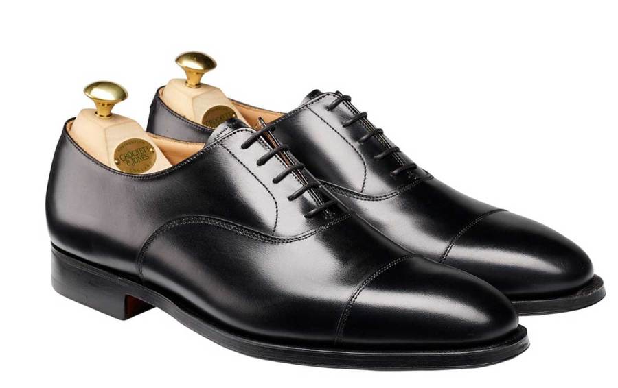 Plain black leather oxfords work well as a formal shoe style when properly polished.