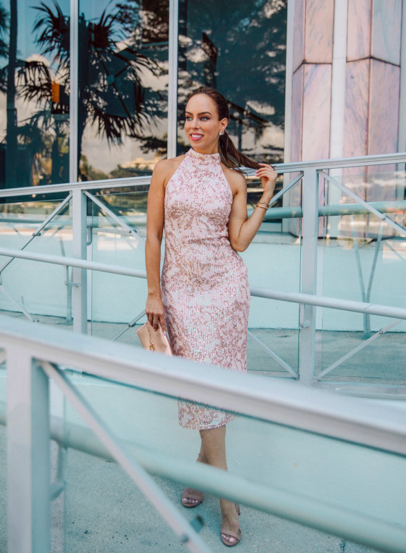 Sydne Style shows you how to wear sequins for spring in the sho sequin midi dress