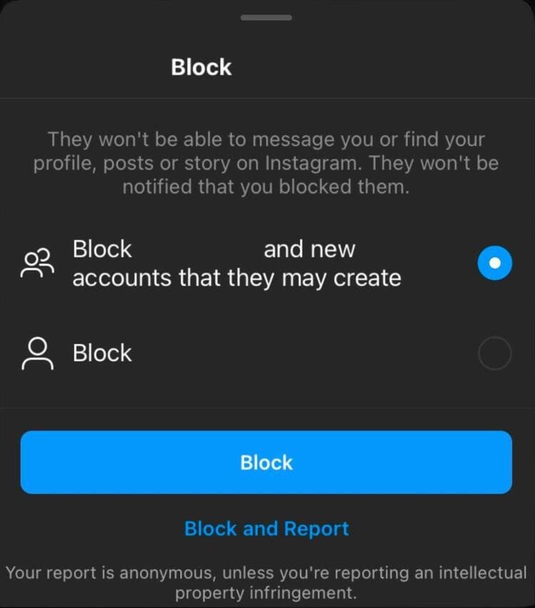 Screenshot Reporting an account on Instagram Block Menu