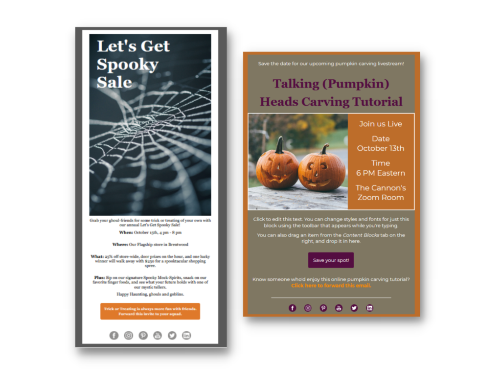 Screenshots of two Halloween-themed email templates. Both use festive colors and are designed as event announcements and invitations.