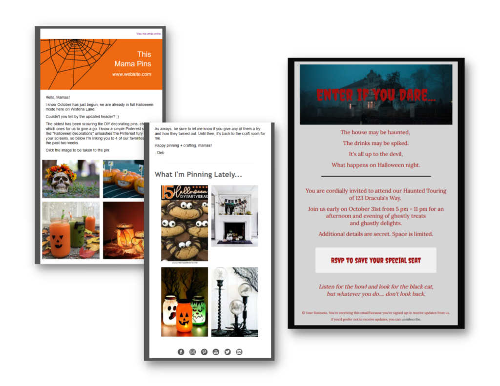 Screenshots of two Halloween-themed email templates. Both use festive images and fonts, and these templates use more advanced content blocks.
