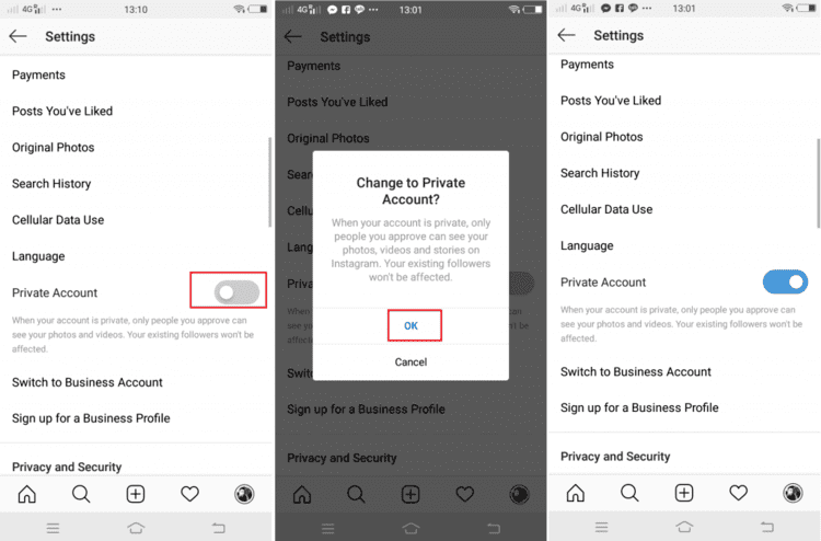 Screenshot of instagram showing private account settings