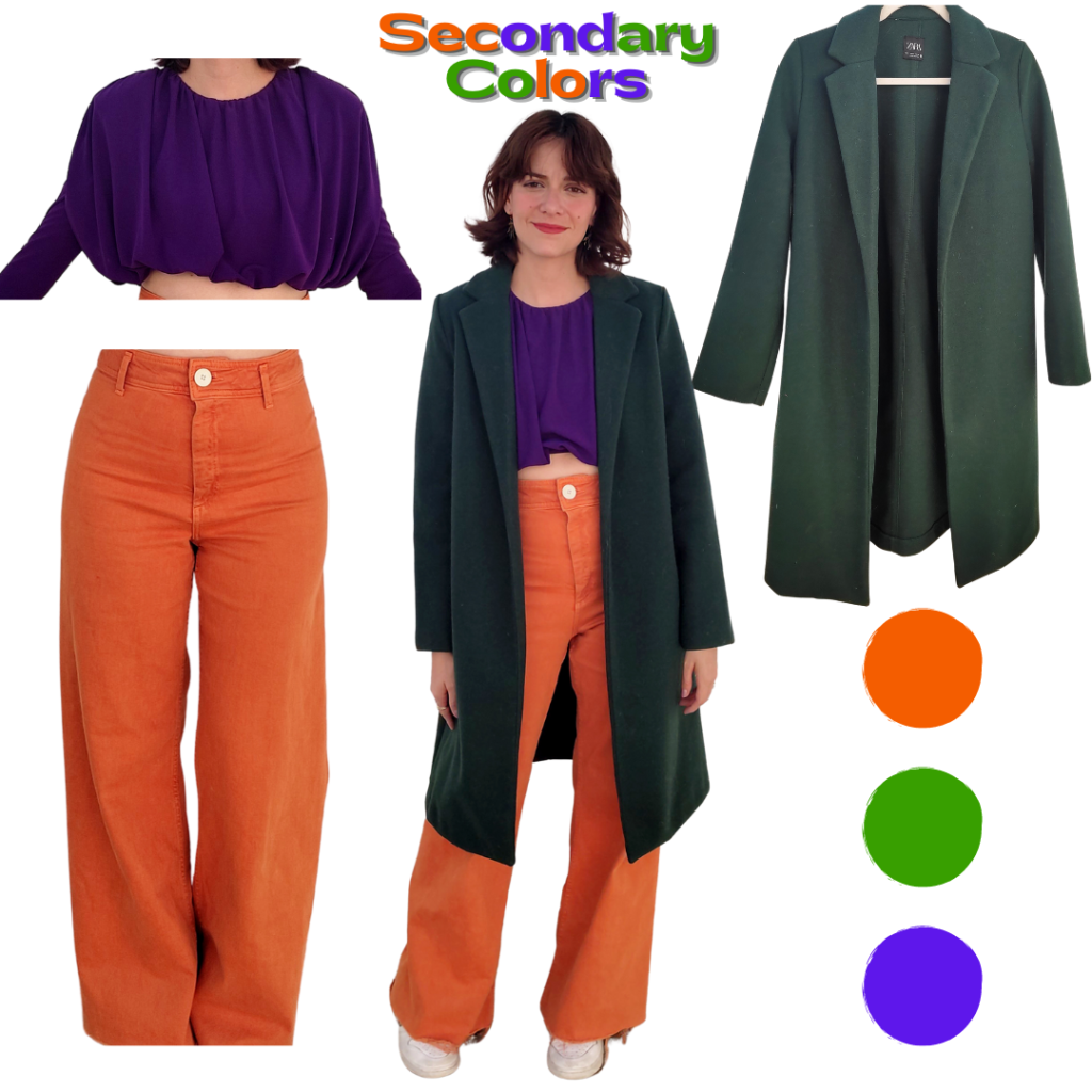 Secondary colors outfit: purple crop top, orange wide leg jeans, green wool coat.