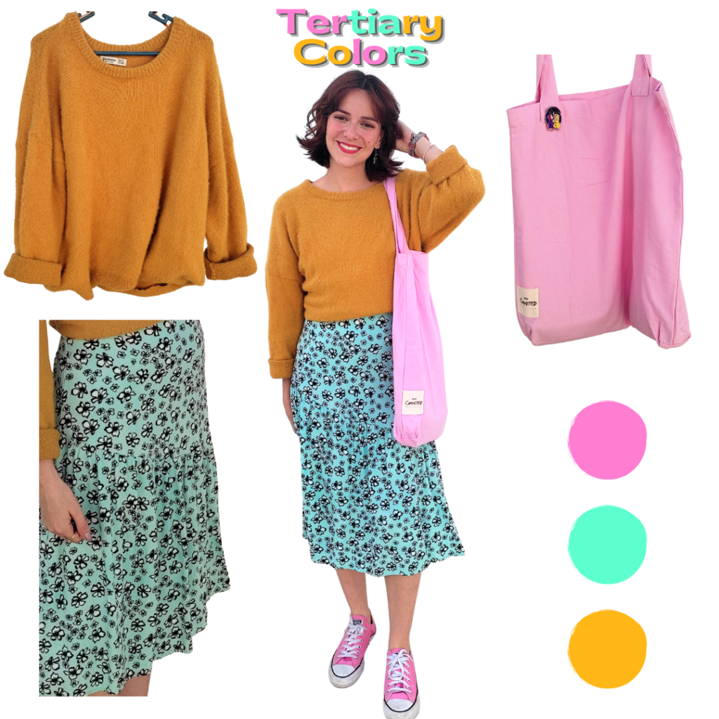 Tertiary colors outfit: teal dress, bubblegum pink sneakers and tote, amber fluffy sweater. 