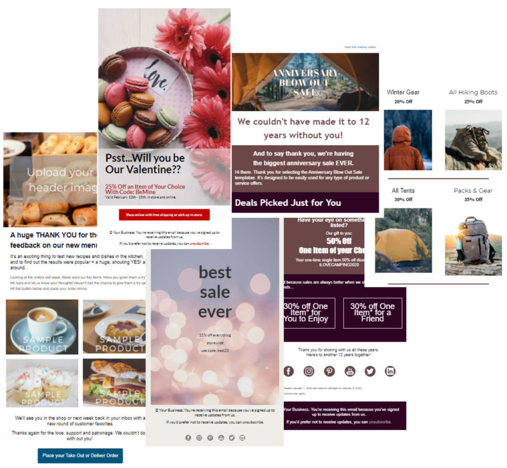 A collage showing four different email templates highlighting retail uses, including a restaurant special email, a Valentine's Day discount, a sale announcement, and an advanced retail template with multiple sections, blocks, and images.