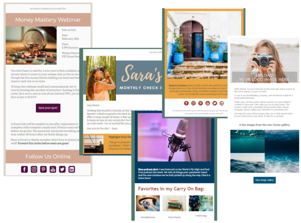 A collage highlighting three different email templates, including a webinar signup, a monthly newsletter with multiple blocks, and a photo email showcasing an image gallery.