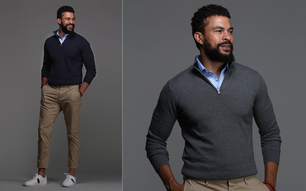 two images of man wearing sweater collars and co shirt and khaki chinos