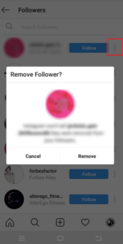 instagram screenshot showing how to remove followers