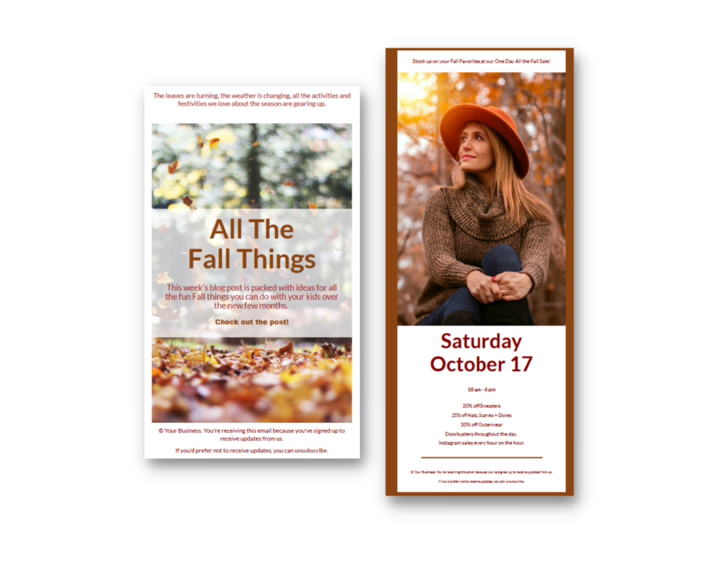 Screenshots of two fall-themed email templates. Both use large feature images and minimal text.